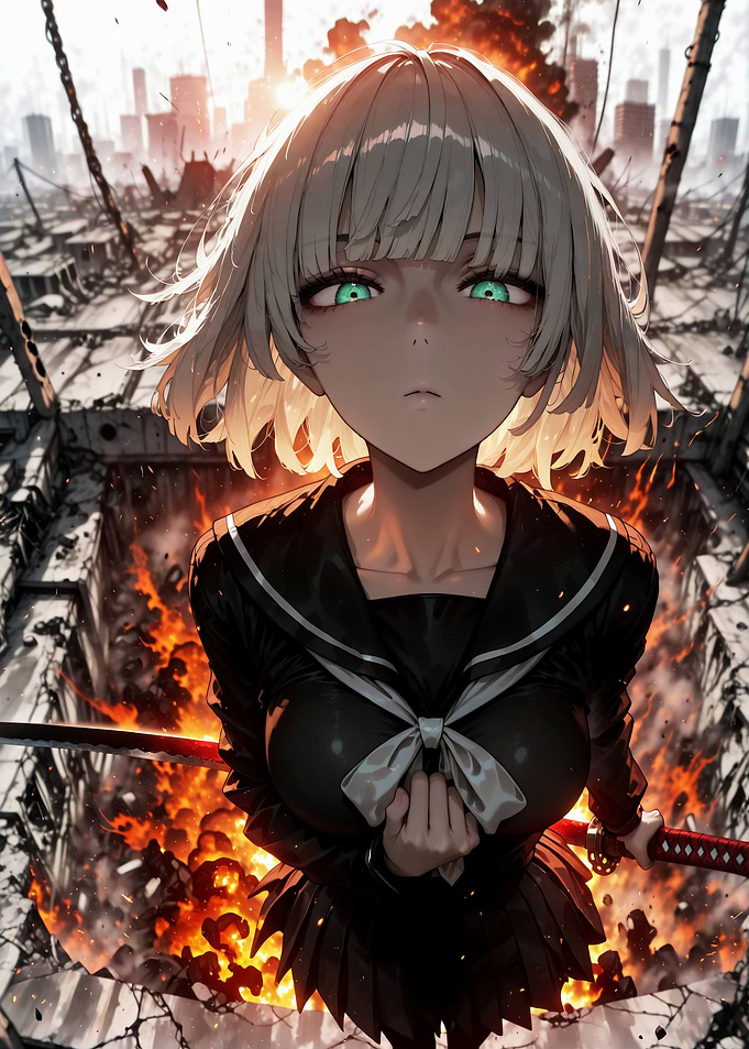 Anime Girl Warrior Amidst Destruction