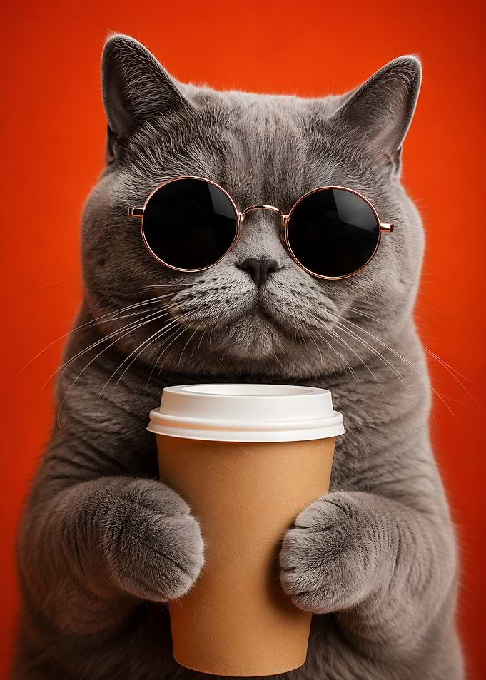 Cool Cat Holding Coffee Cup