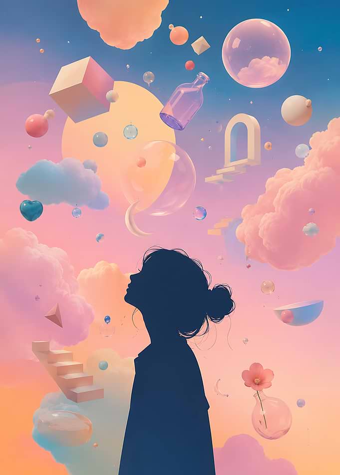 Dreamy Girl Silhouette in Pastel Sky