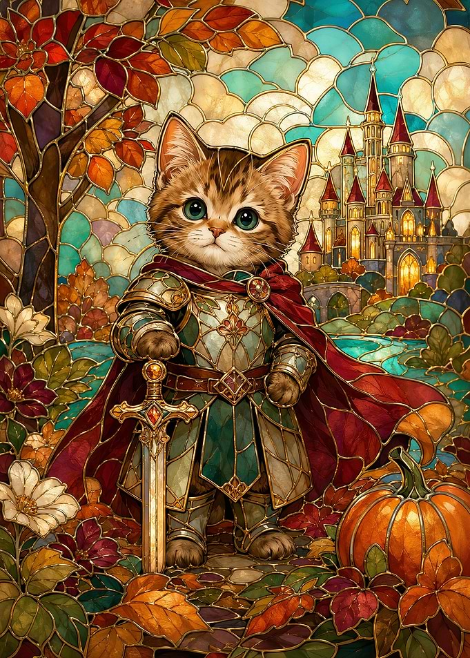 Stained Glass Knight Cat in Autumn
