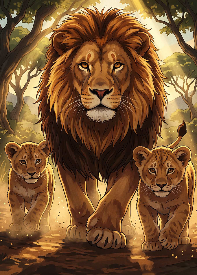Majestic Lion and Cubs Walking
