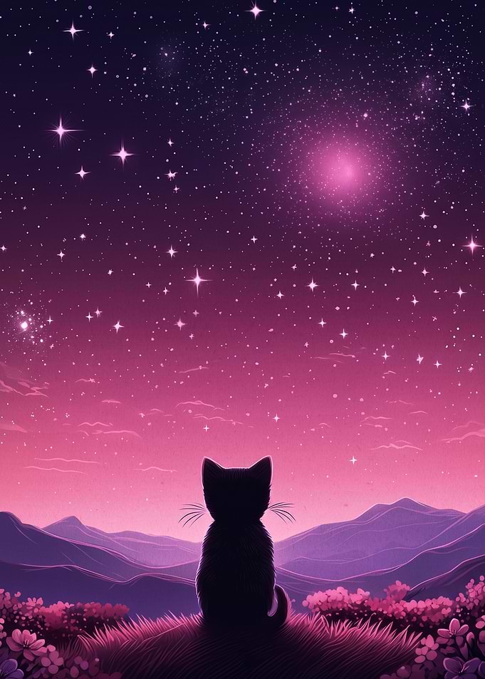 Black Cat Gazing at Starry Sky