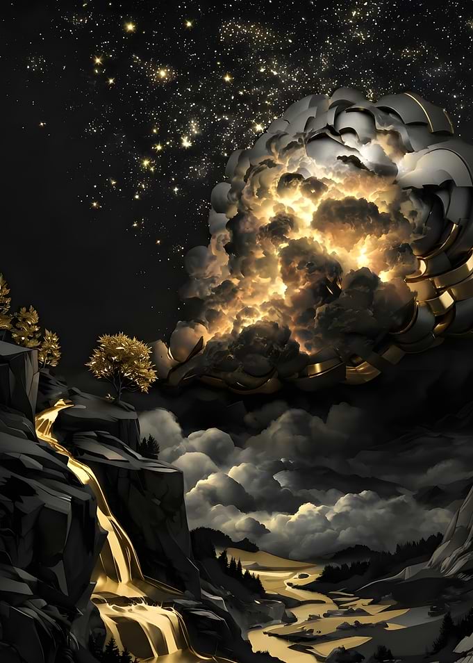 Golden Waterfall and Celestial Cloudscape