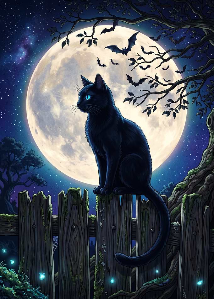 Black Cat on Fence Under Moon