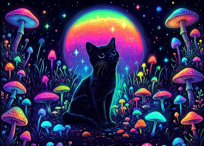 Black Cat in Neon Mushroom Forest