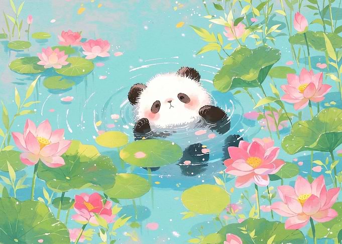 Cute Panda Swimming in Lotus Pond