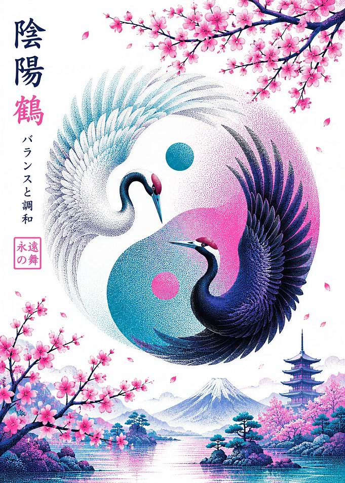 Yin Yang Crane Japanese Art