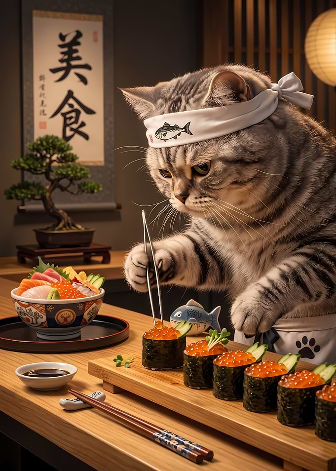 Cute Cat Sushi Chef Preparing Rolls