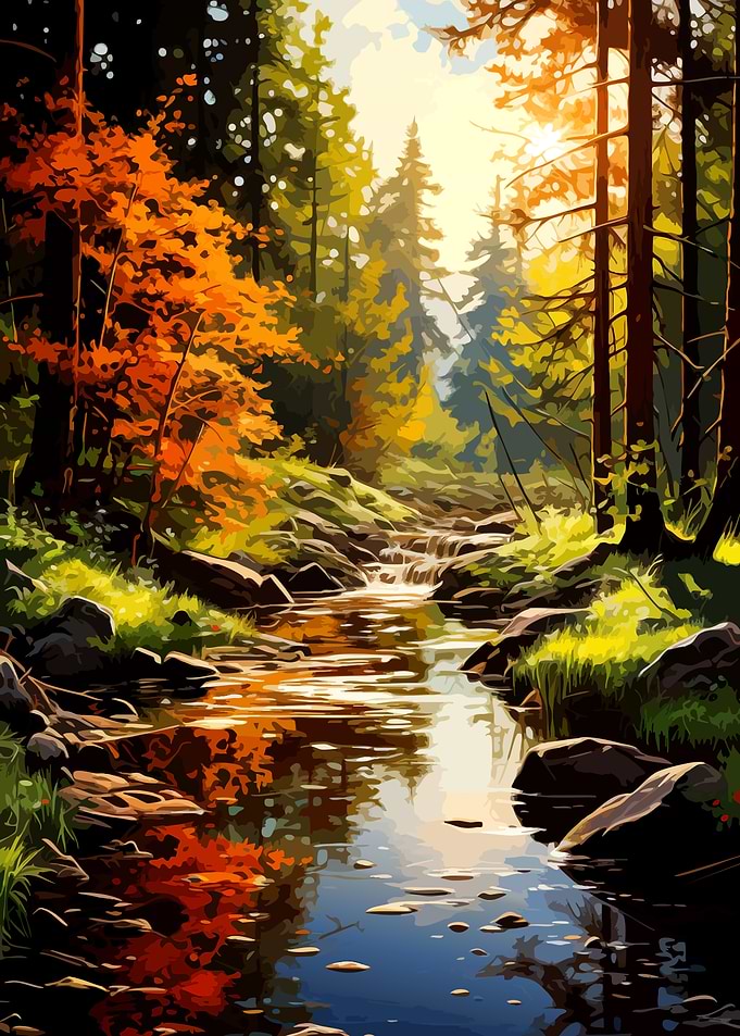 Sunlit Forest Stream Landscape