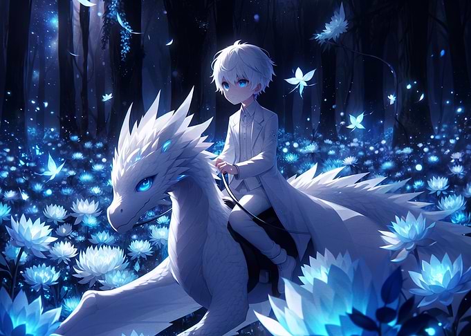 Boy Riding White Dragon in Forest