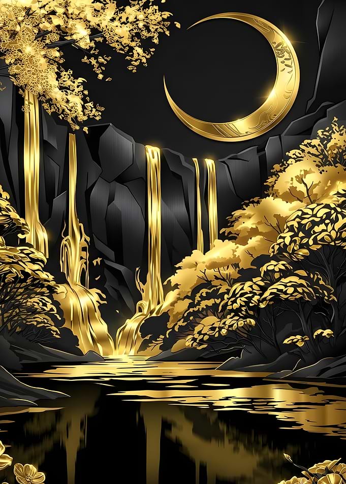 Golden Waterfall and Crescent Moon Landscape