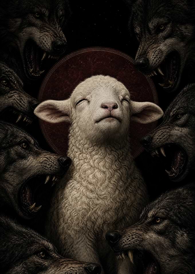 Lamb Surrounded by Aggressive Wolves