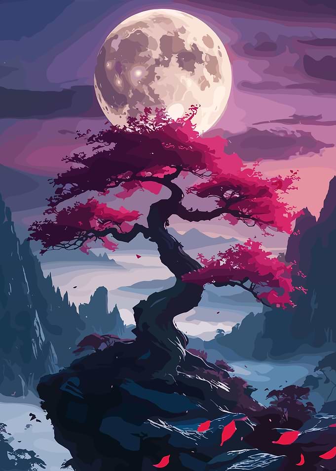 Bonsai Tree Under Full Moon