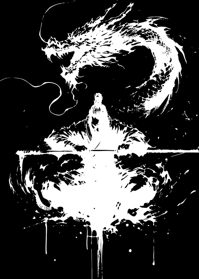 Warrior and Dragon Ink Illustration