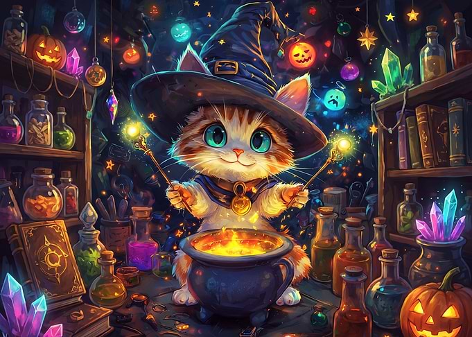 Cute Kitten Wizard Brewing Magic Potion
