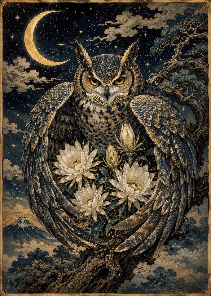 Great Horned Owl with Night Flowers