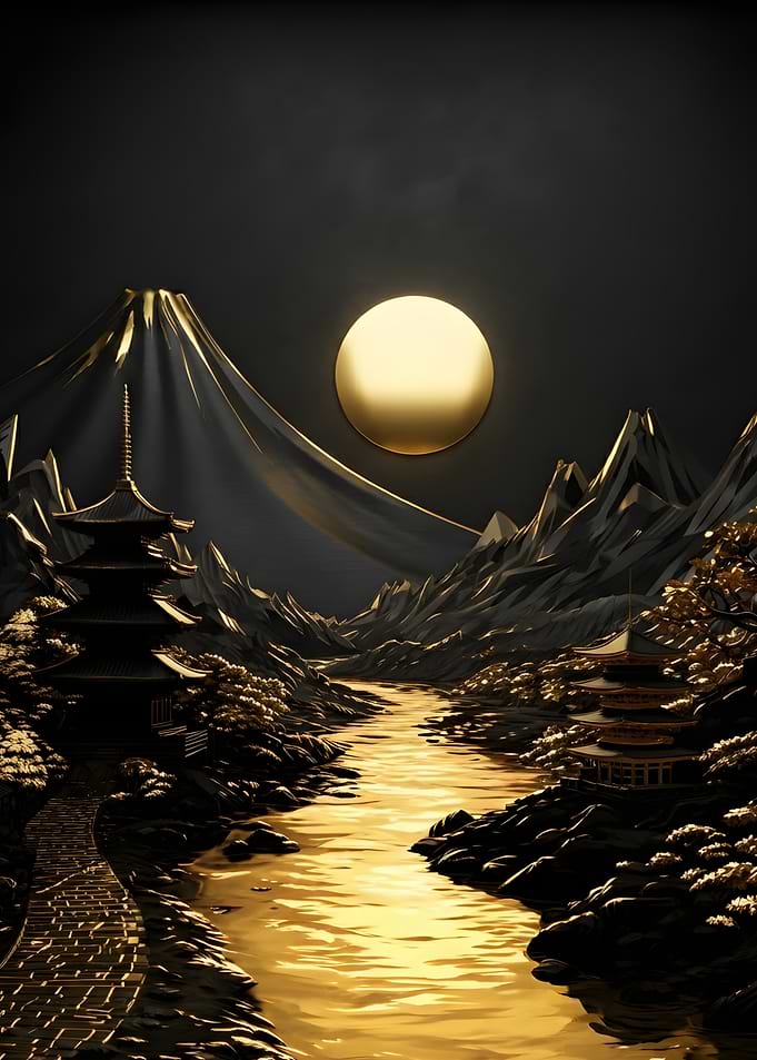 Golden Moon Over Japanese Landscape