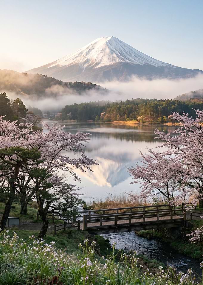 snowy Mount Fuji Cherry Blossoms misty forest and calm lake