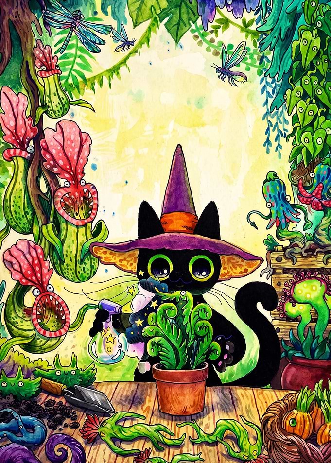 Cute Witch Cat Gardening Magic Plants