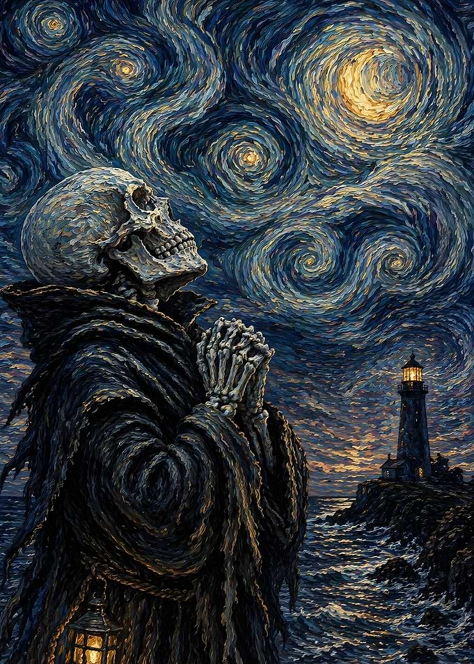 Praying Skeleton Under Starry Night Sky