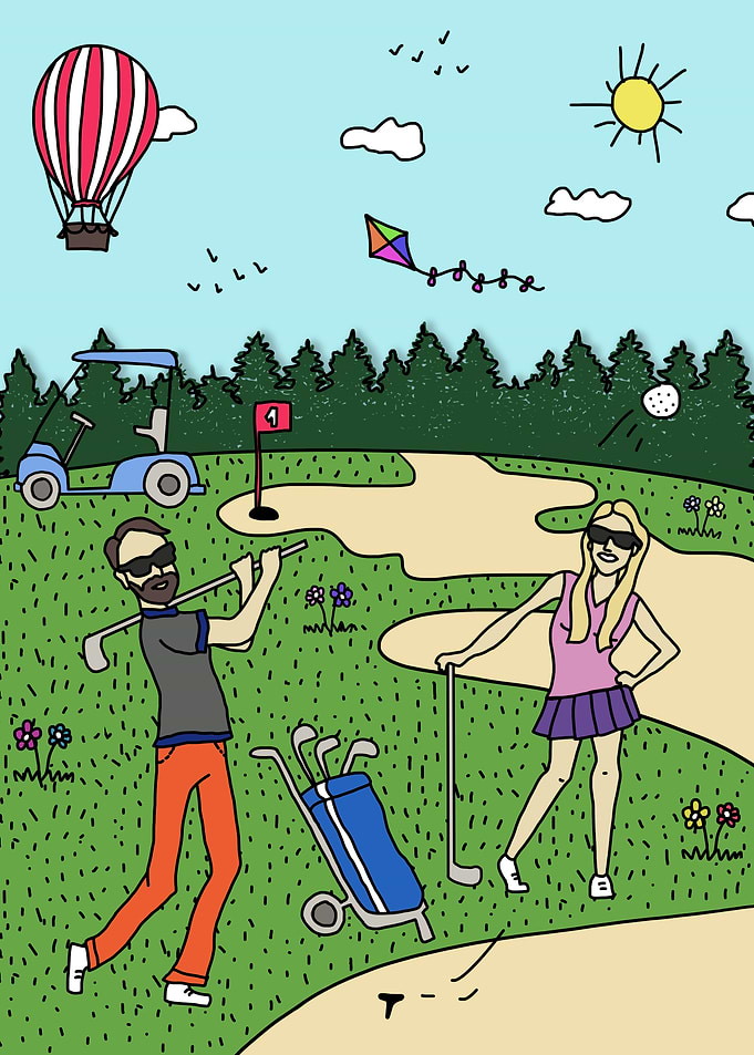 Cartoon Golfing Couple on Course