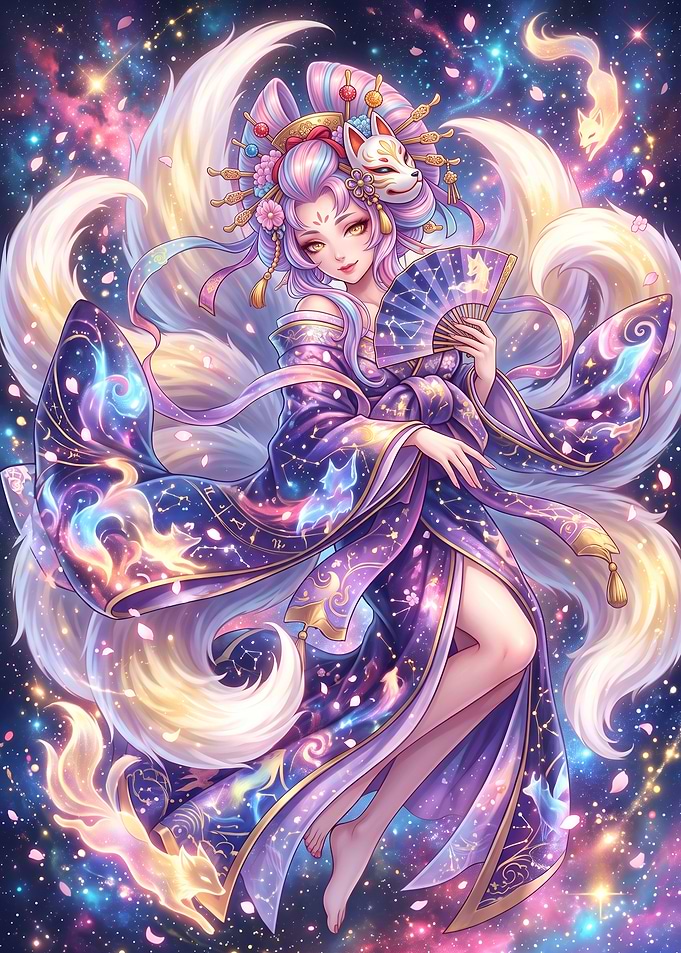 Celestial Kitsune Girl in Starry Galaxy