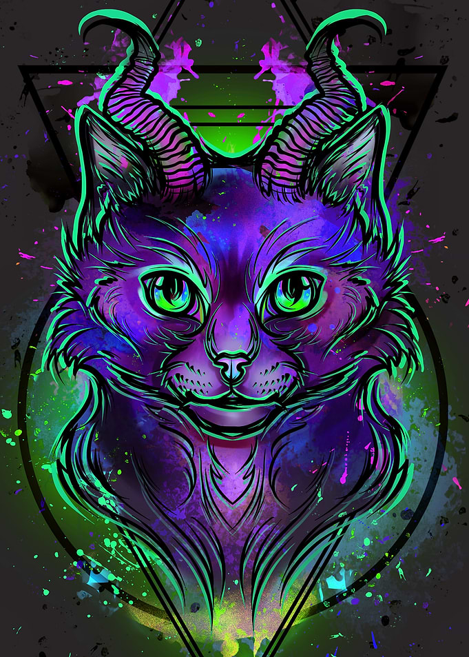 Neon Horned Cat Digital Art
