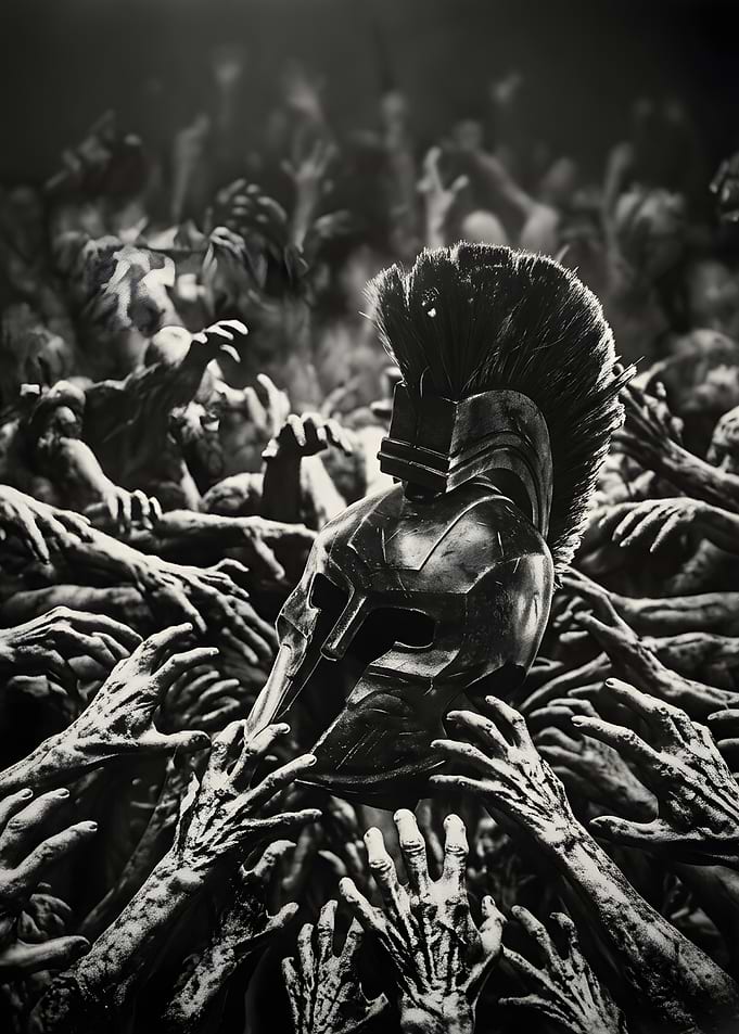 Spartan Helmet Surrounded by Reaching Hands