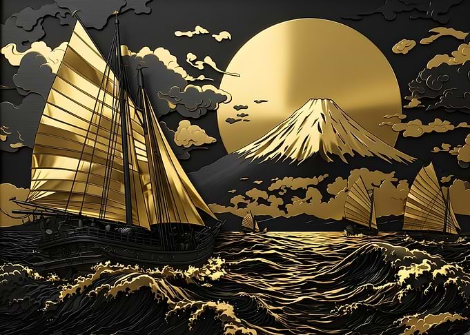 Golden Junk Ships and Mount Fuji