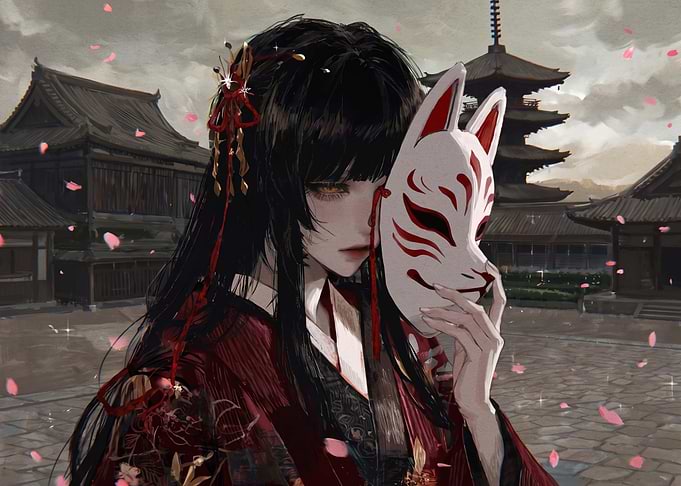 Anime Girl with Kitsune Mask
