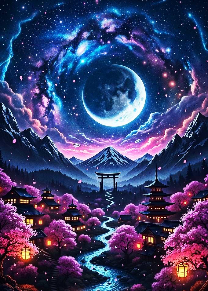 Ethereal Japanese Village Under Moonlit Sky