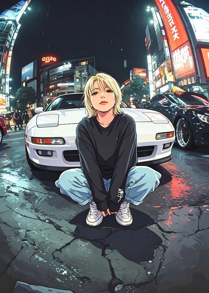 Anime Girl Squatting Before Sports Car