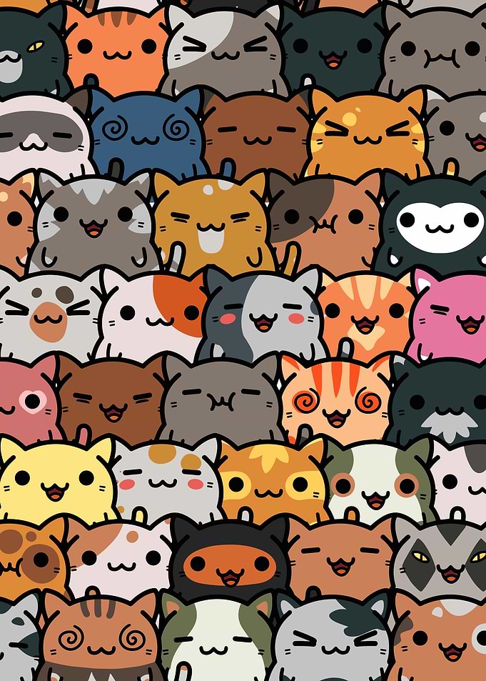 Cute Colorful Cartoon Cat Pattern Wall Art | Whimsical Minimalist Cat Poster