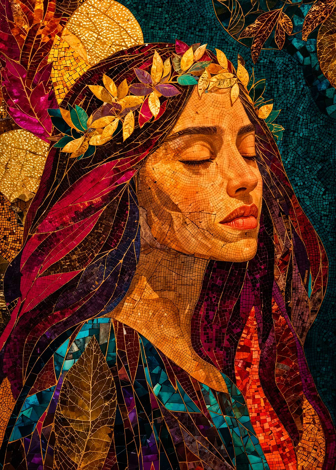 Stained glass woman portrait with gold leaves