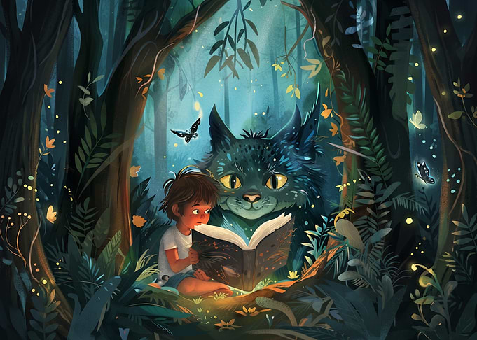 Child Reading with Magical Forest Creature