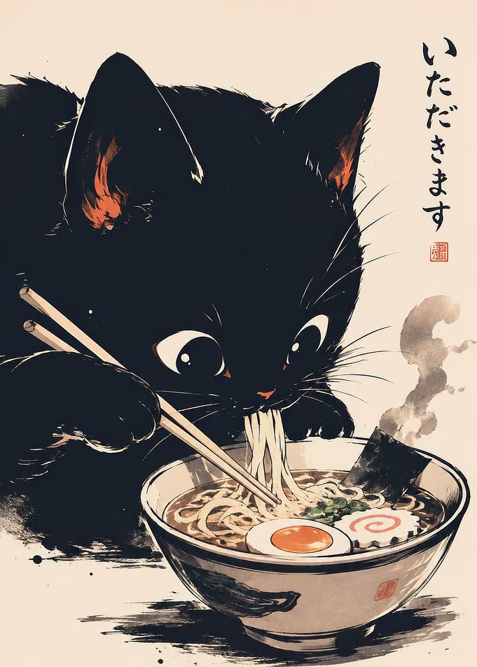 Black Cat Eating Ramen Illustration