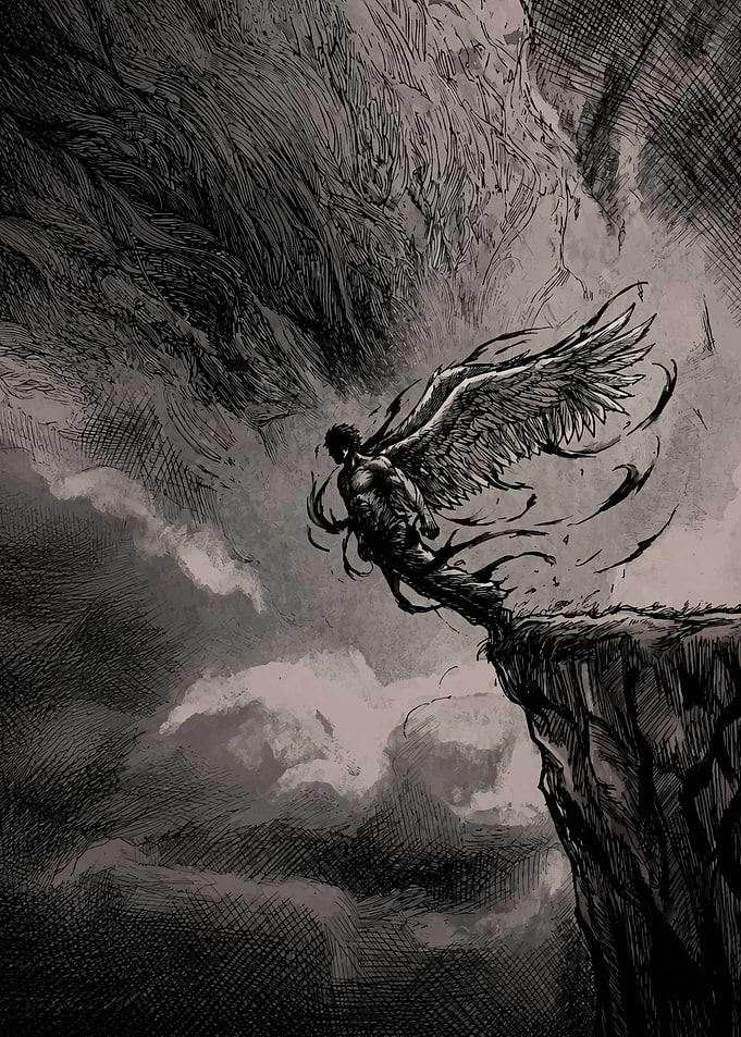 Winged Warrior Standing on Cliff Edge