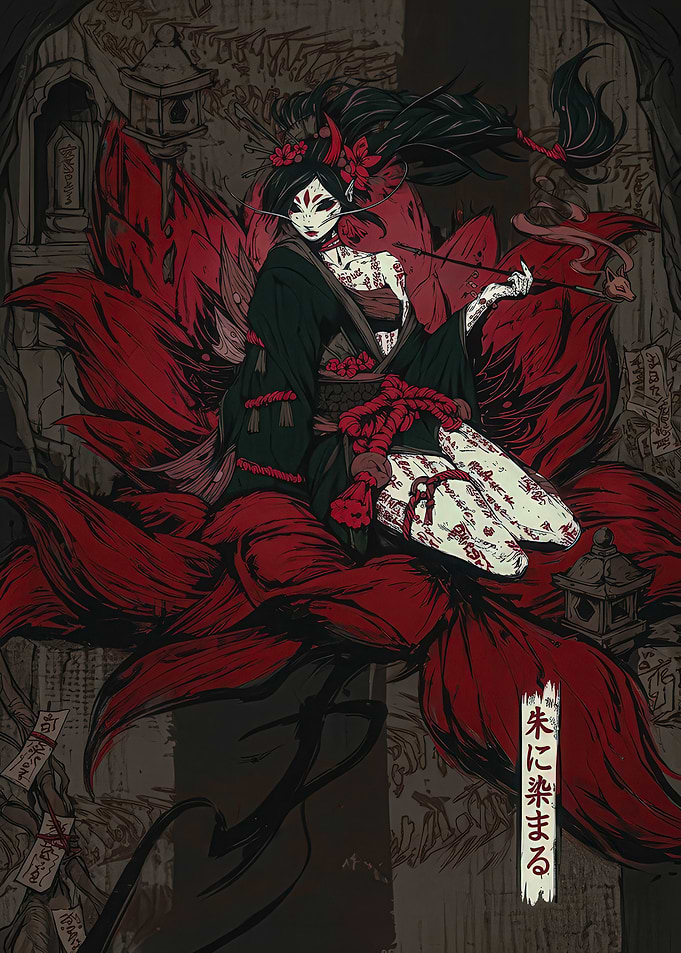 Kitsune Demon in Red and Black