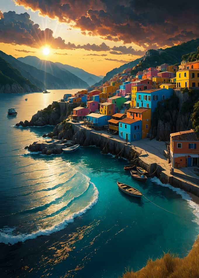 Coastal Village at Sunset Landscape