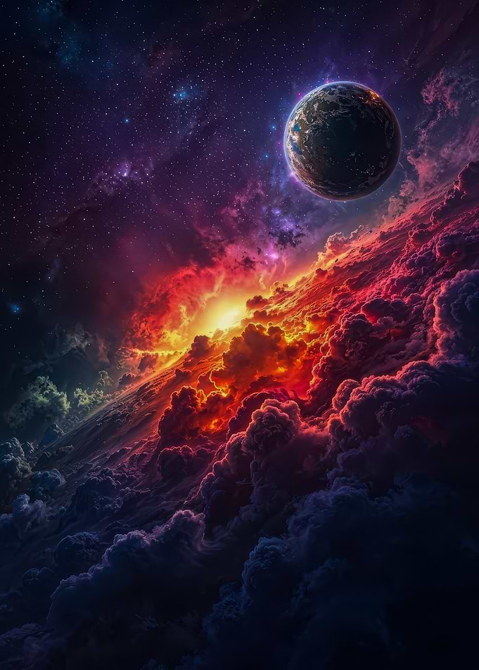 Cosmic Planet Above Fiery Clouds