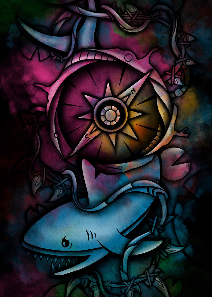 Abstract Shark and Compass Illustration
