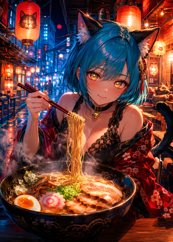 Cat-eared Anime Girl Eating Ramen