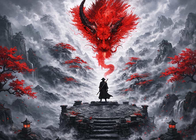 Samurai Facing a Fiery Dragon Spirit