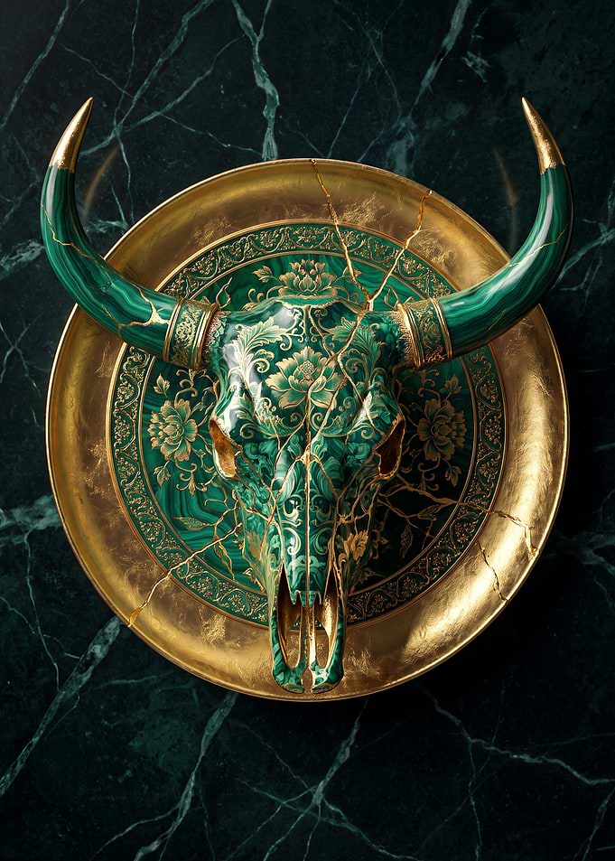 Ornate Malachite and Gold Bull Skull