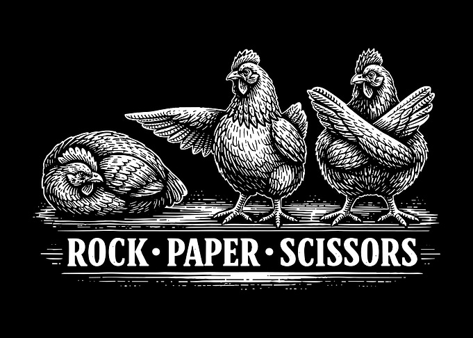 Rock Paper Scissors Chickens Vintage Engraving Wall Art | Funny Farmhouse Poster