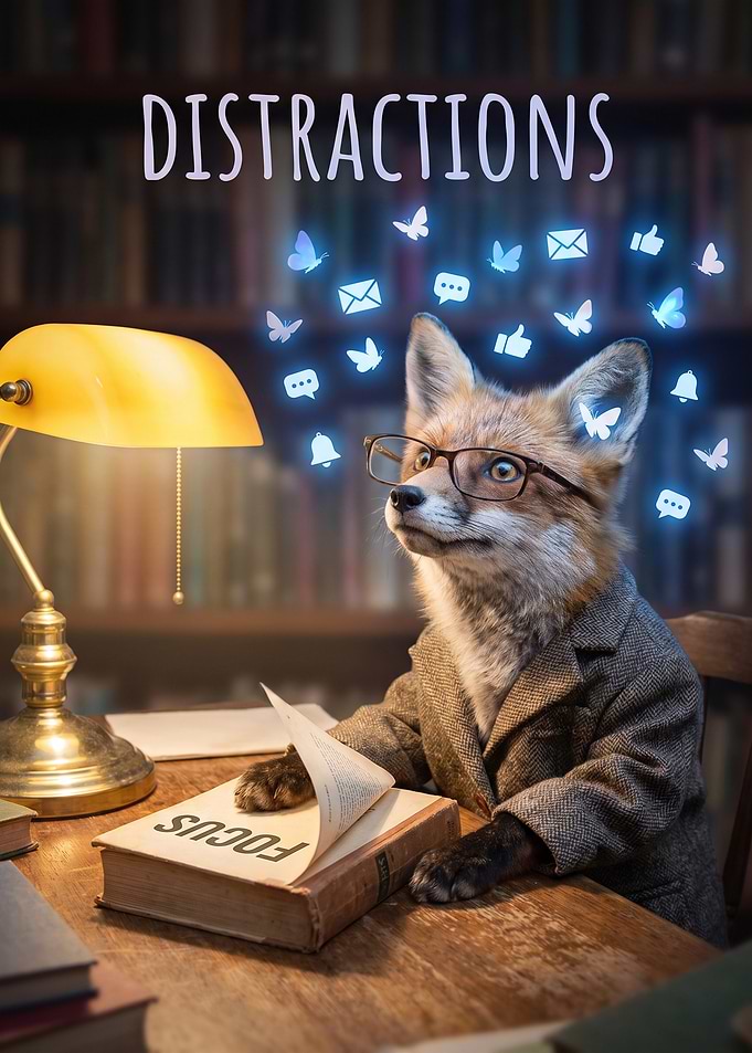 Fox Studying with Digital Distractions