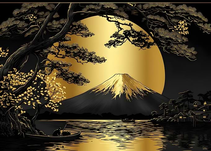Golden Mount Fuji Landscape Art