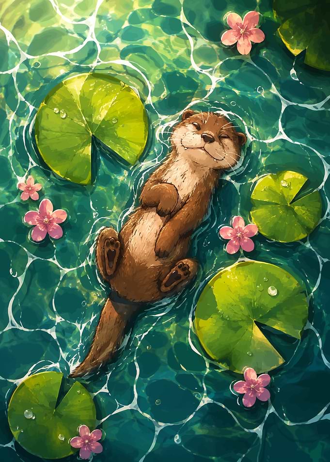 Happy Otter Floating in Pond