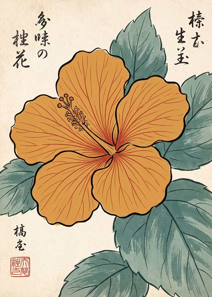 Vintage Japanese Style Hibiscus Illustration