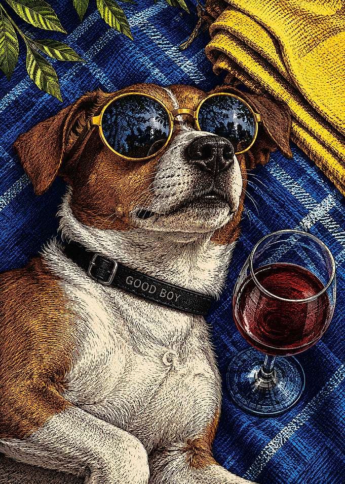 Cool Dog Relaxing with Wine